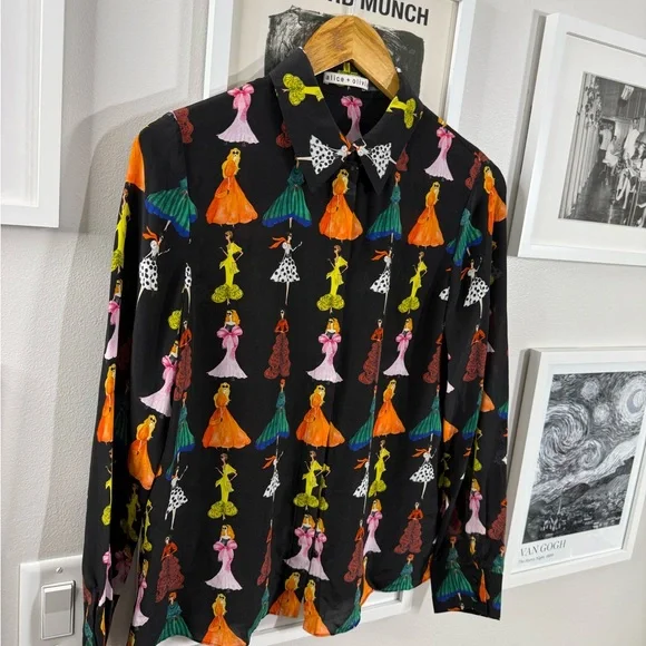 Alice + Olivia Willa Romantic Stace Face Black Shirt Blouse Women Size M - Picture 7 of 7